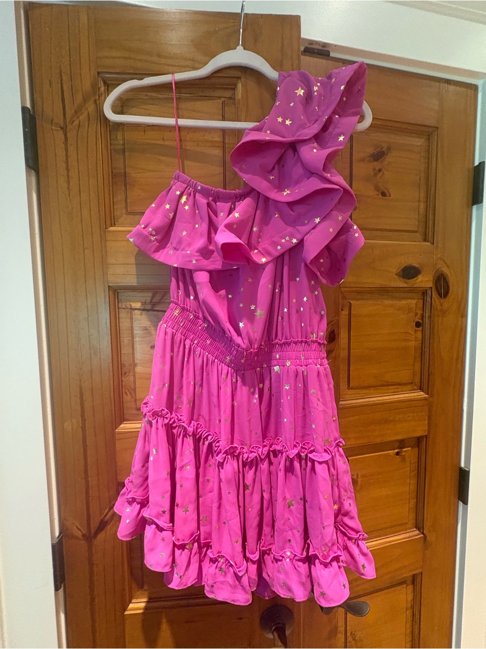 Pink Star-Print One-Shoulder Ruffle Dress